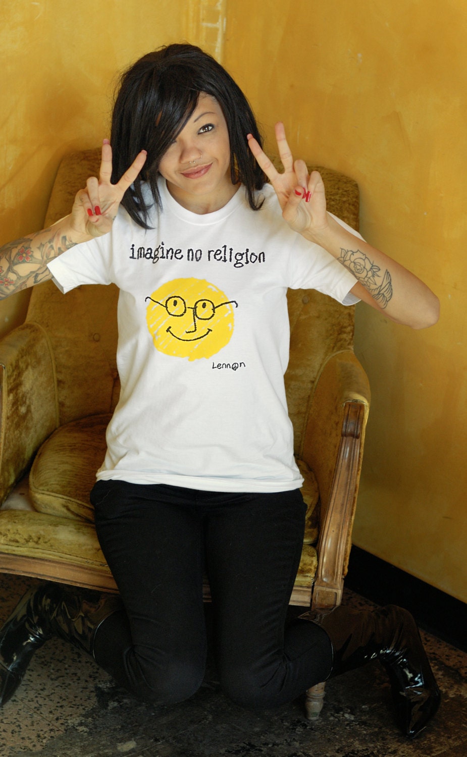 Imagine no religion T. American apparel 2001 unisex summer jersey tee. 100% cotton, silkscreen graphic. available in white only