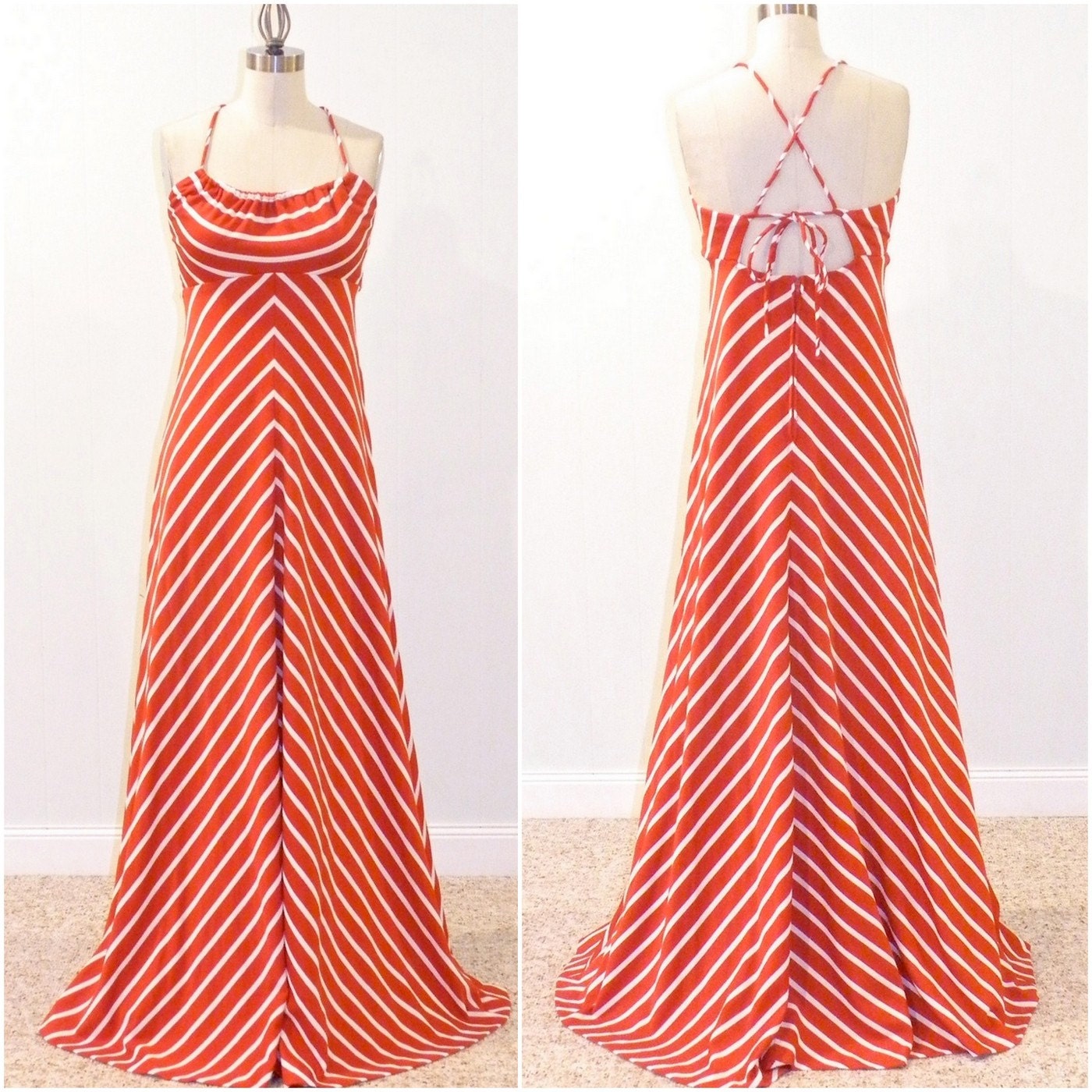 70s Maxi Dress, 1970s Chevron Striped Boho Halter Sun Dress, Criss-Cross Open Back Vintage Hippie Dress