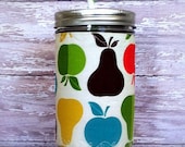 Mason Jar Tumbler 24oz Apples and Pears Insulated Sleeve w BPA Free Straw - Travel Mug Great Gift