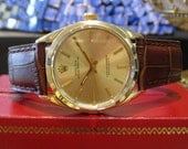 Mens Vintage ROLEX Oyster Perpetual Gold Stainless Steel Watch on Leather Strap