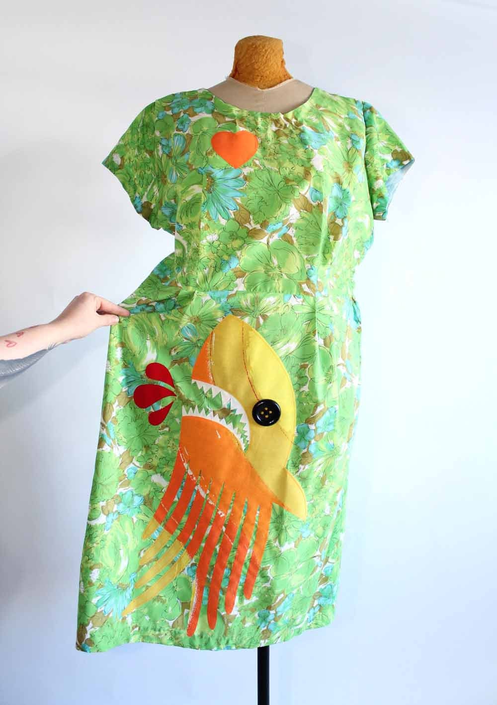 sharktopus wiggle dress large / XL vintage 1960's women sheath green dress - upcycled clothing - shark octopus