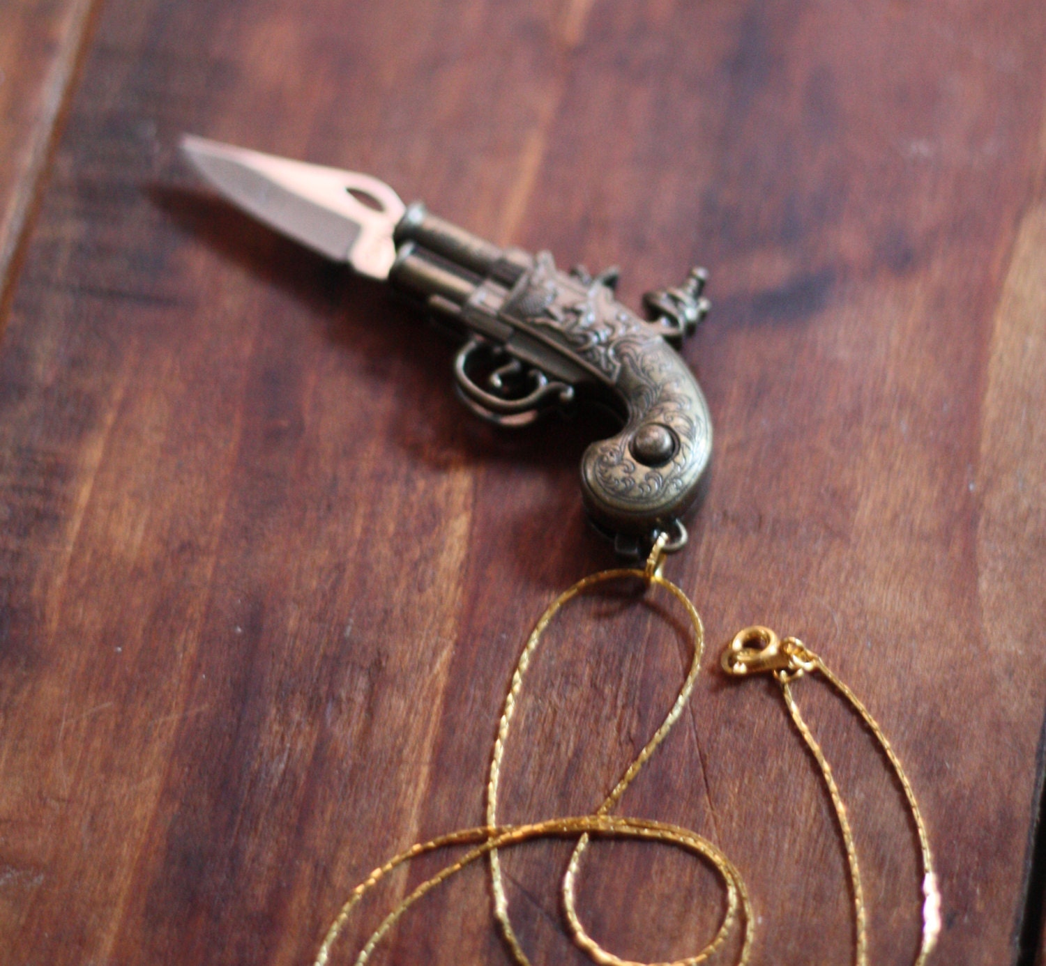 Flintlock Pistol Brass Gun Pocket Knife Necklace