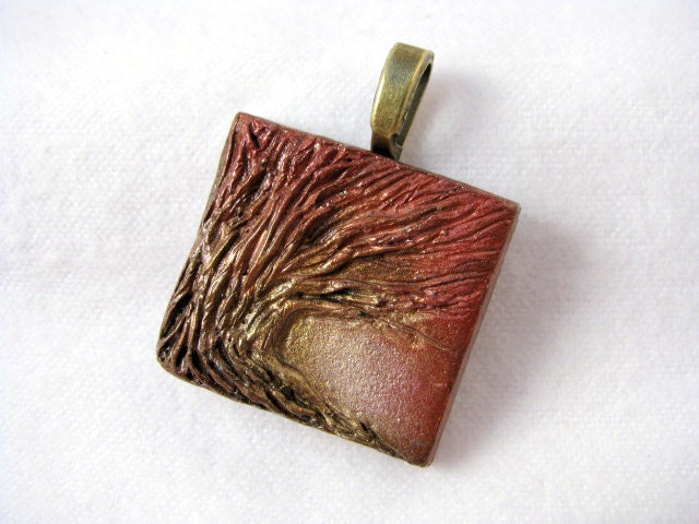 Sculpted Mixed Media Art Tile Tree Pendant Necklace Jewelry OOAK Polymer Clay - Rust Rose Pink Red Gold Bronze