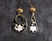 Asymmetrical Inlaid Earrings - vintage mother of pearl charms