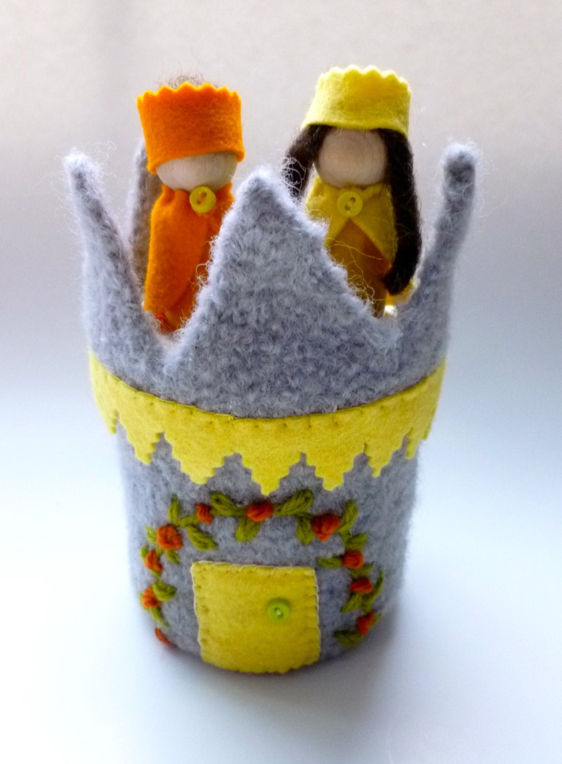 Felted wool castle tower with King and Queen dolls
