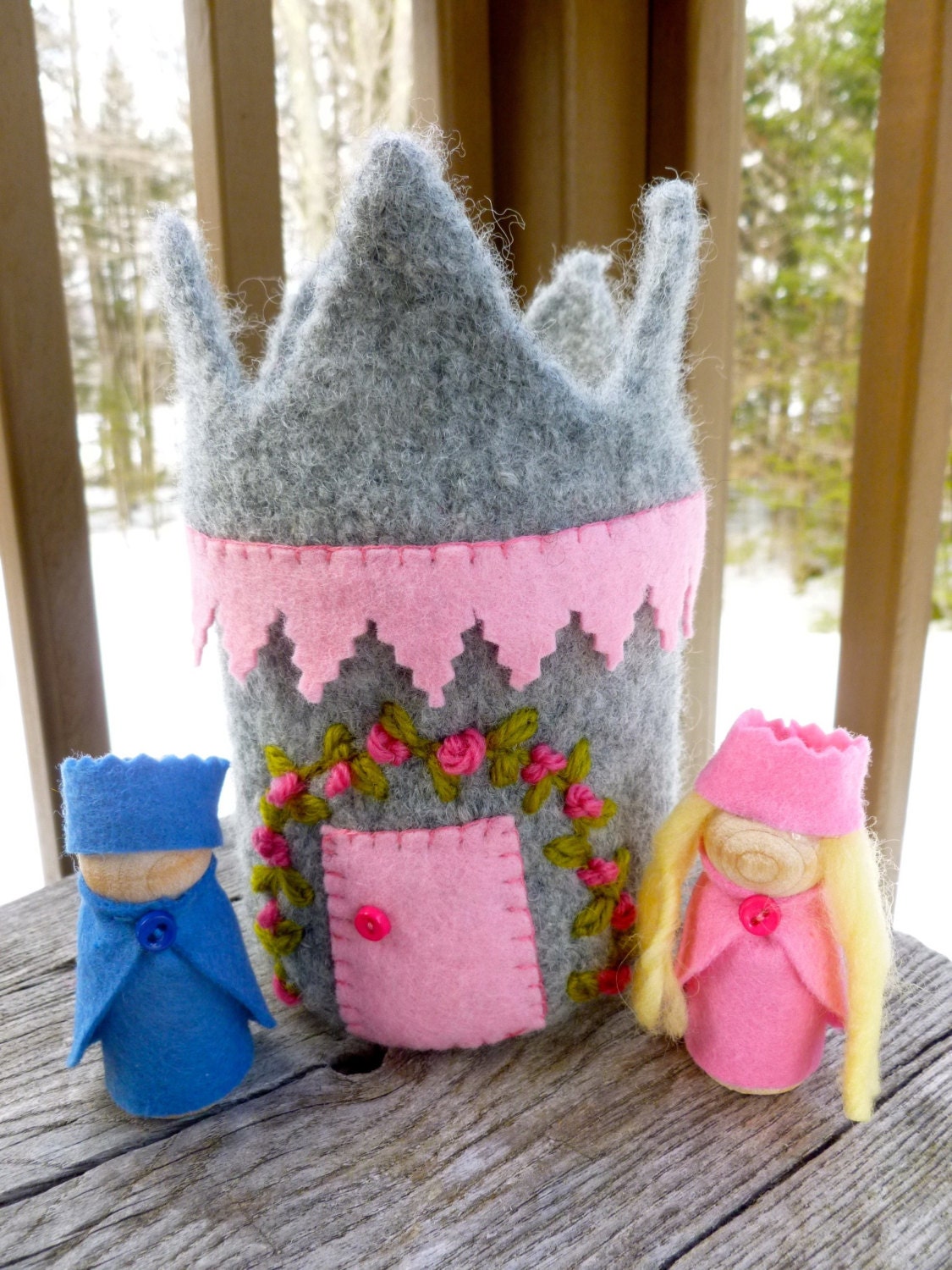 Felted wool castle tower with King and Queen dolls