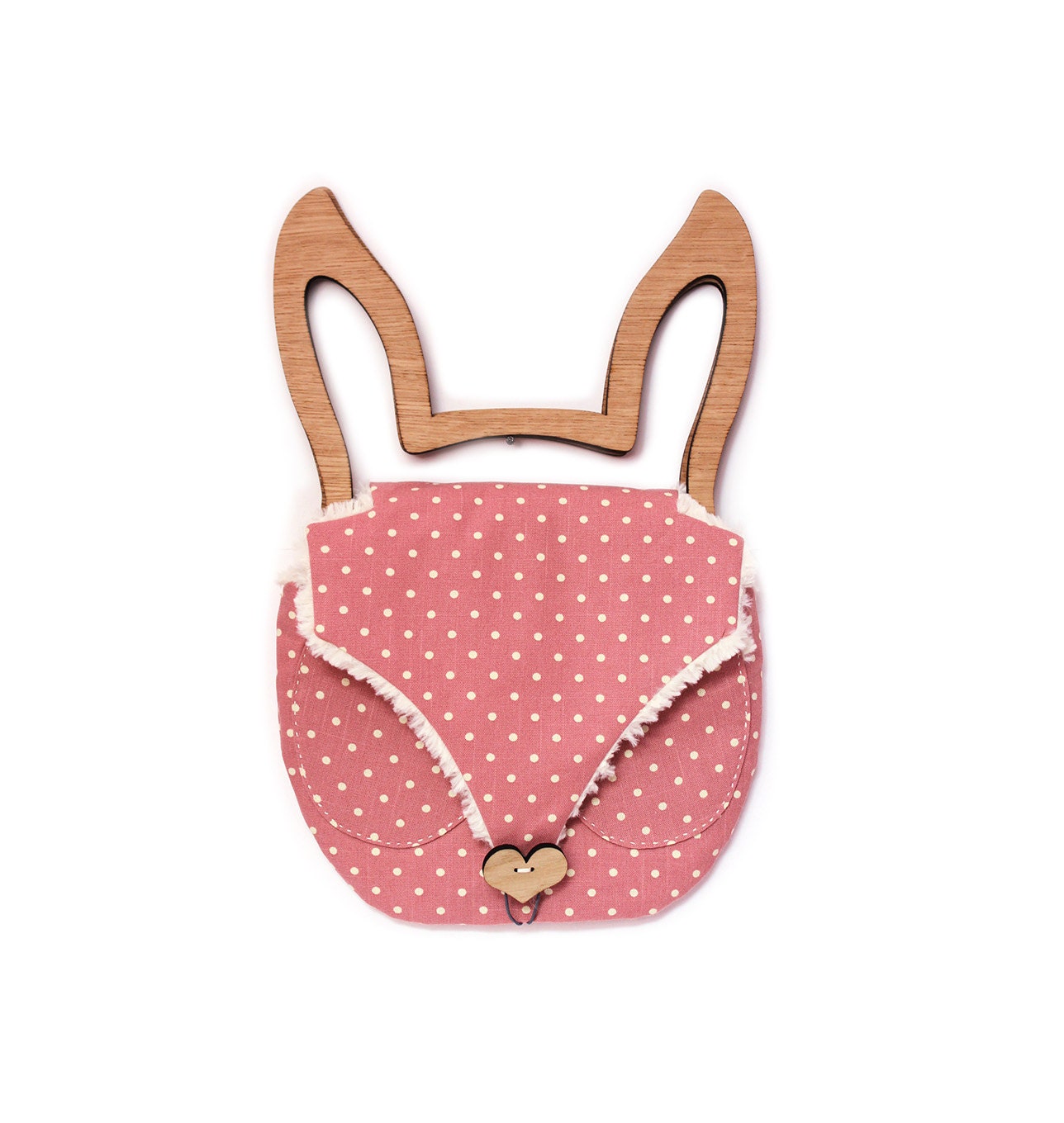Rabbit Bag bunny ears - oak wooden handle clutch - pink polka dot- fake fur lining