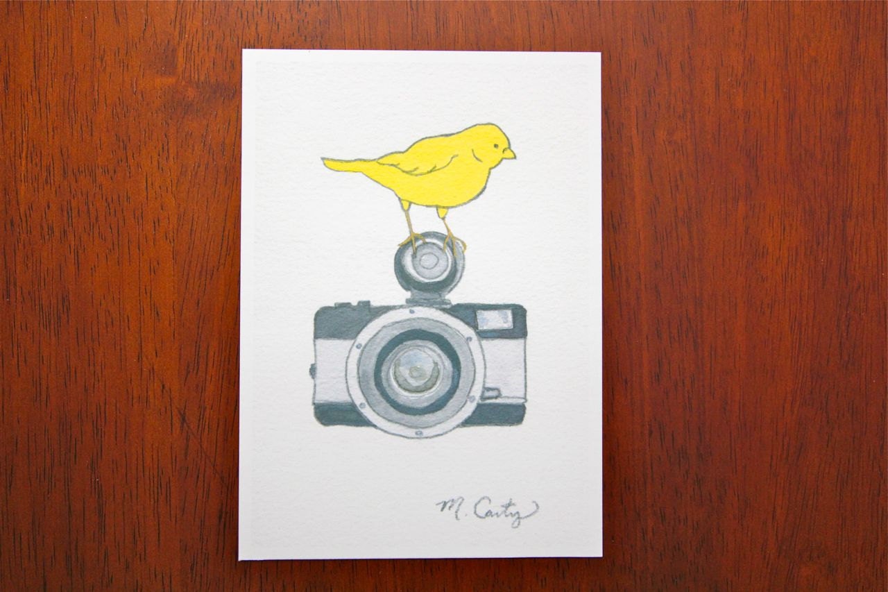 Camera art, bird art print, vintage camera art, canary, yellow, nursery art