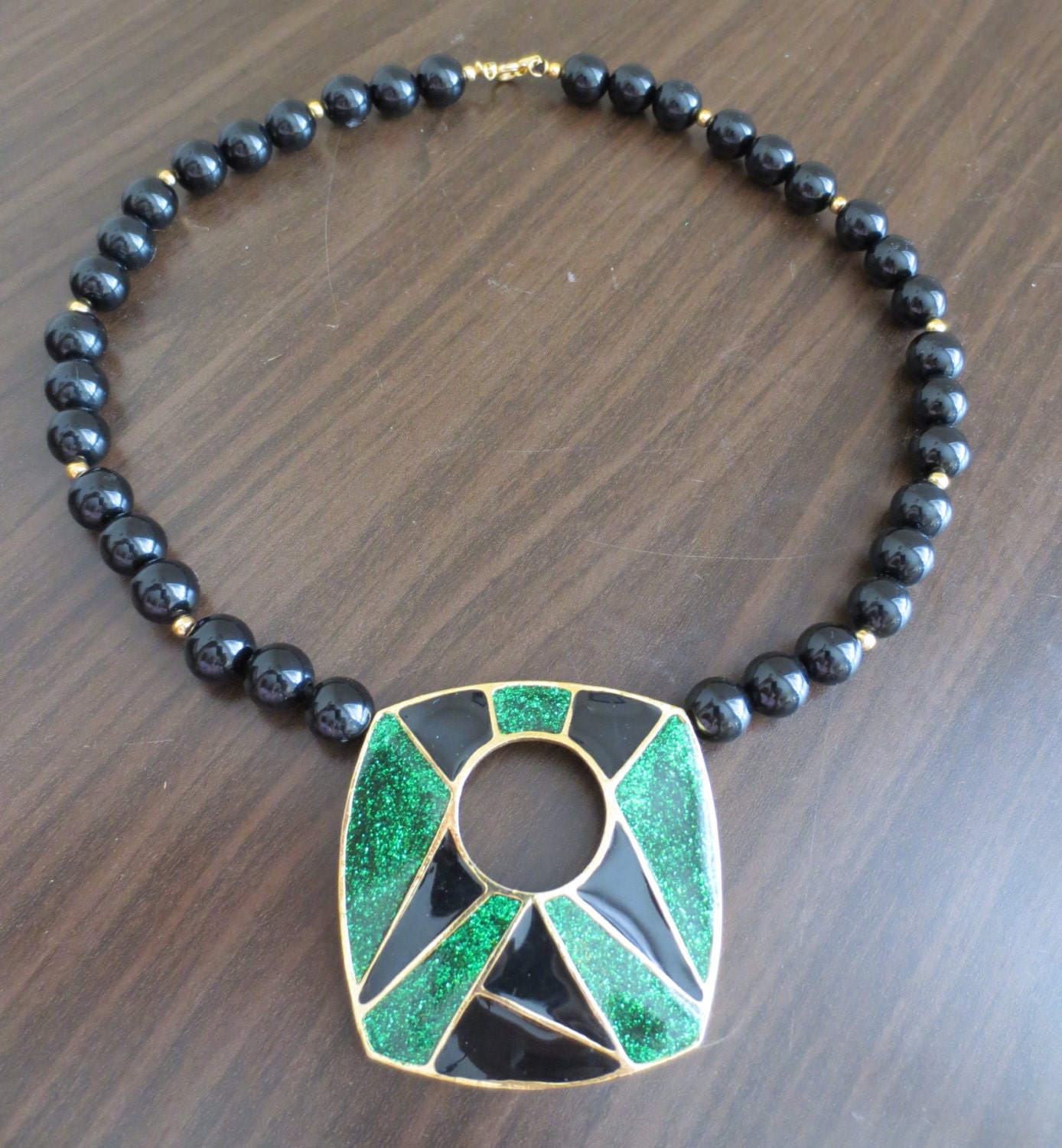 REDUCED Art Deco Style Black and Gold Bead Necklace with Large Sparkly Green, Gold and Black Pendant