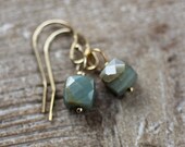 Green Cat's Eye Gemstone Earrings, Rare Gemstone, Faceted Square Beads, Short Drop Earrings, 14k gold fill, Light Green, Natural Gemstones