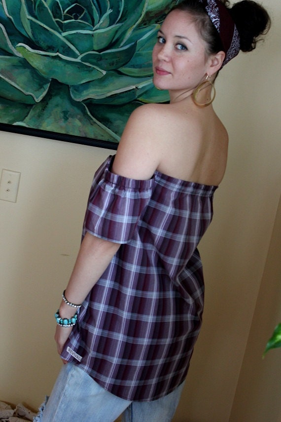 REVIVAL Upcycled Bohemian Top/Shirt, Off the Shoulder,Burgundy Plaid, Small to Medium, Recycled, Repurposed, Eco Friendly Clothing