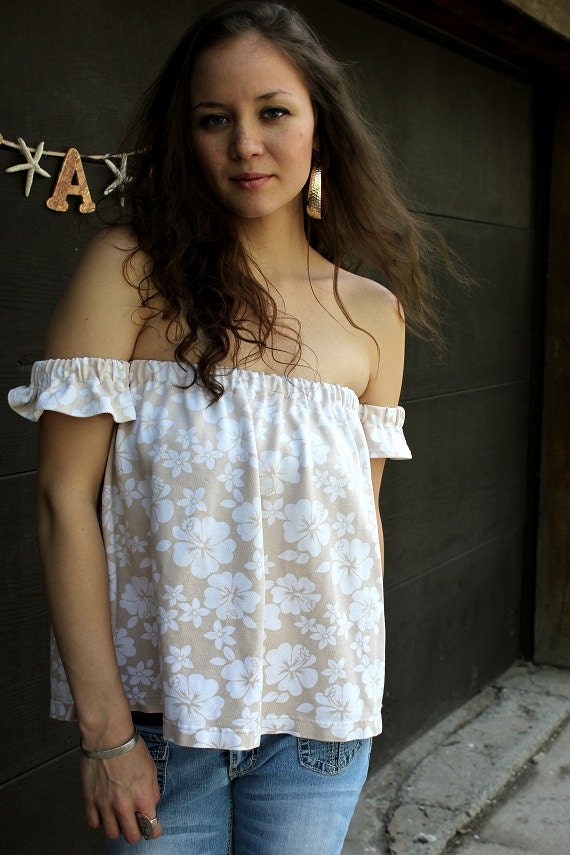 REVIVAL Women's Upcycled Honey Pie Shirt/Top, Off the Shoulder, Beige, Medium to Large, Recycled, Repurposed, Eco Friendly Clothing