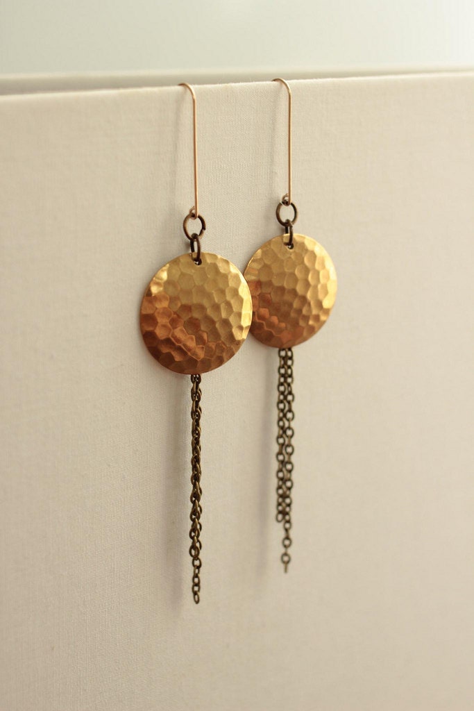 Brass Disc Earrings Chandelier Dangle Style with Chain Fringe