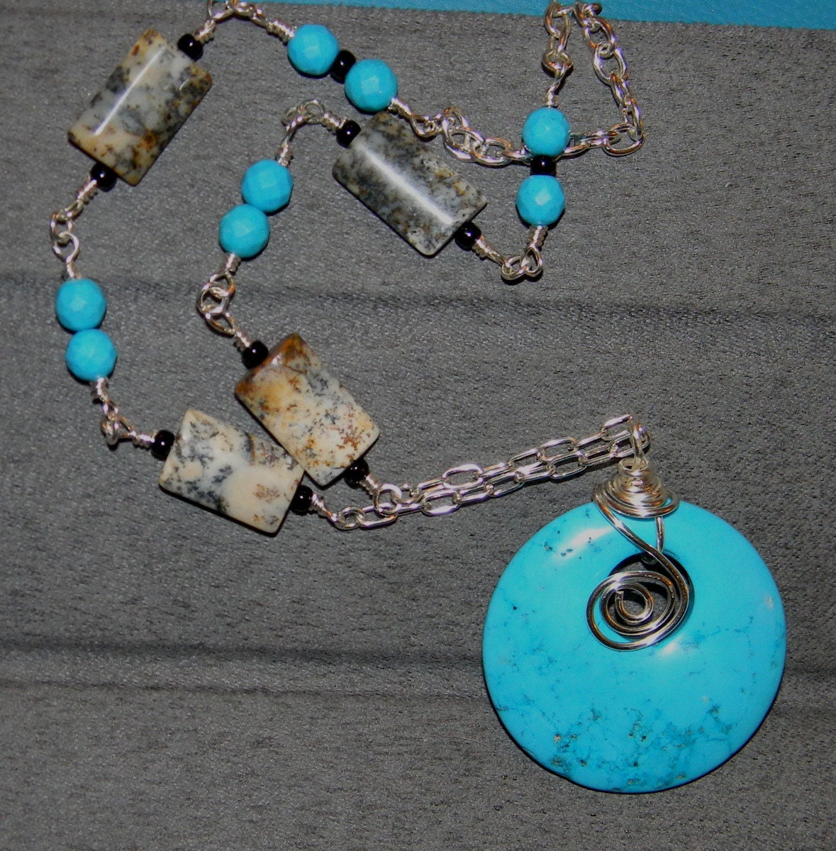 Turquoise Howlite Wire Wrapped Pendant on Beaded Chain