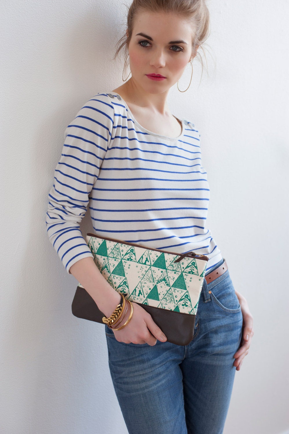 Jade Triangle Clutch, Hand Printed Canvas with Leather Details