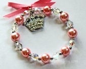 Pink Pearl and crystal bracelet for little girls Rhinestone crown or tiara charm Shiny Bling Perfect Princess Gift YOU CHOOSE COLOR