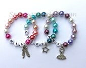 Dance Recital Gift Pink, Blue, Purple Pearl bracelet/ Personalized Little Girl name bracelet. YOU CHOOSE CHARM Ballet Pointe Shoes Tutu