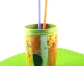 Green and Tangerine Orange Ceramic Tumbler T27 Ships Today - YNo handle teacup -  flower vase, pencil or toothbrush holder