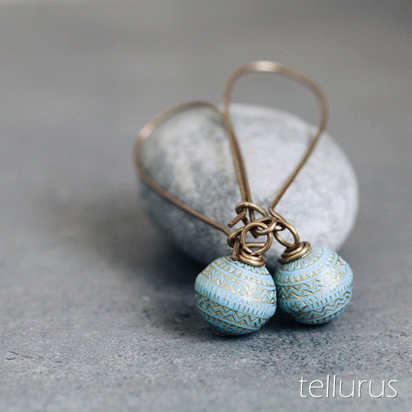 Kaafu Earrings - pale blue & gold etched acrylic earrings on antiqued brass