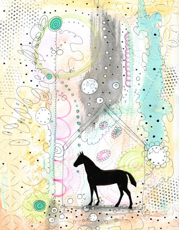 Horse Painting , Acrylic Animal Painting , Collage Mixed Media Art Print , Whimsical Painting Reproduction , 8x10