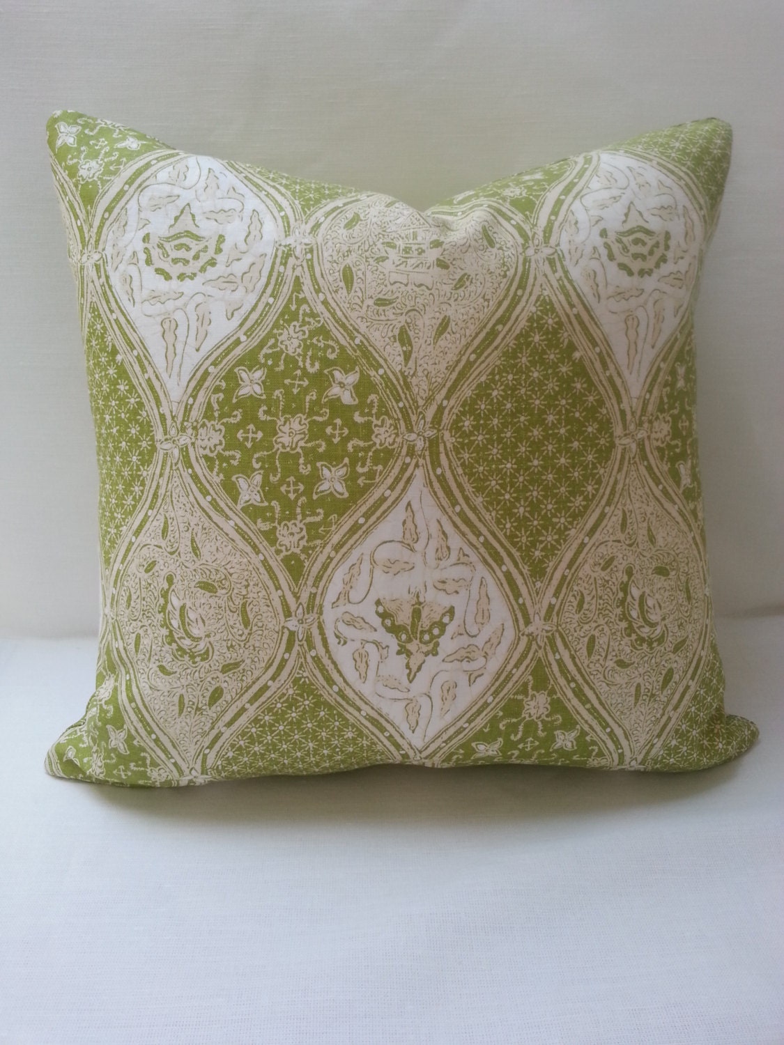 20" Quadrille Balinese Batik, Floral Seas Linen Pillow Cover in New Green Cream on White Colorway Cushion