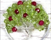 Apple Tree - Tree of Life Pendant with Peridot and Ruby Red Jade Gemstones Wire Wrapped Sterling Silver August Birthstone Teacher Gift