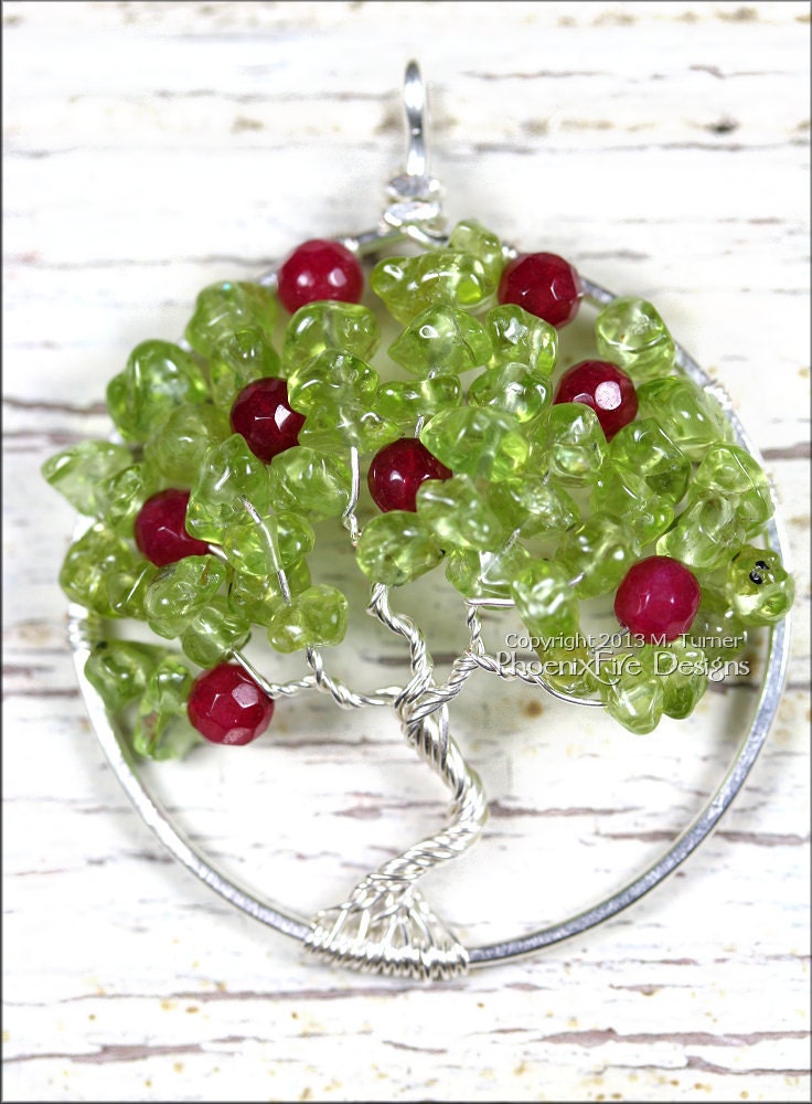 Apple Tree - Tree of Life Pendant with Peridot and Ruby Red Jade Gemstones Wire Wrapped Sterling Silver August Birthstone Teacher Gift