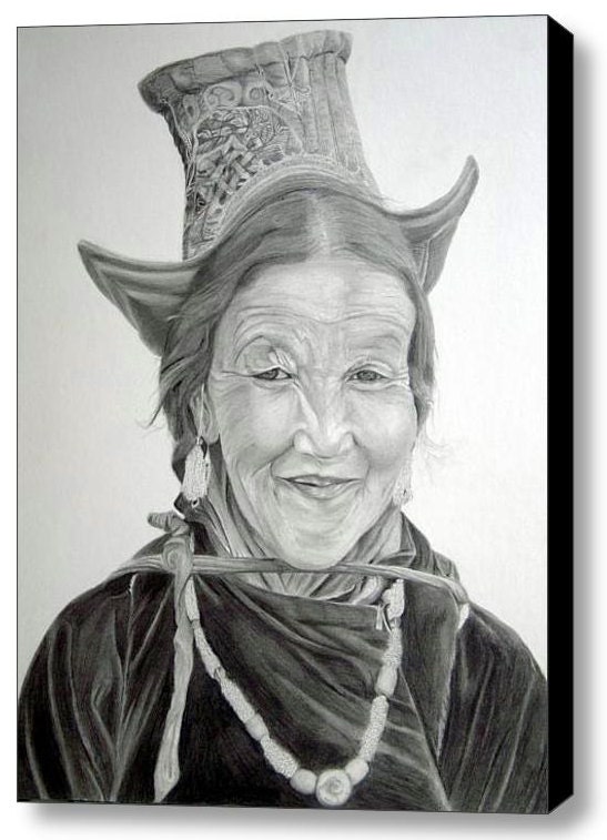 Tibetan Woman Portrait - Figure Painting - Hand Embellished Limited Edition Canvas Print