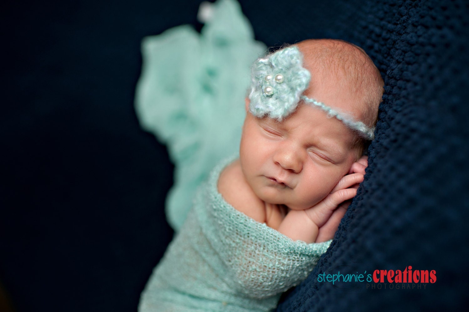 Flower Tie-Back newborn girl flower pearl blue headband photography prop