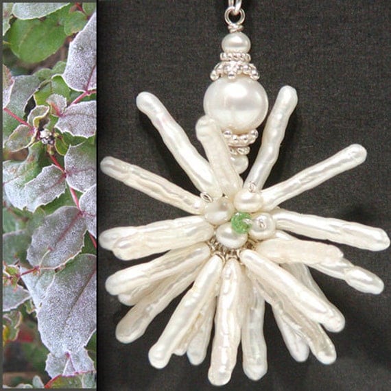 White Pearl Necklace Pendant, Stick Pearls, Emerald and Sterling Silver