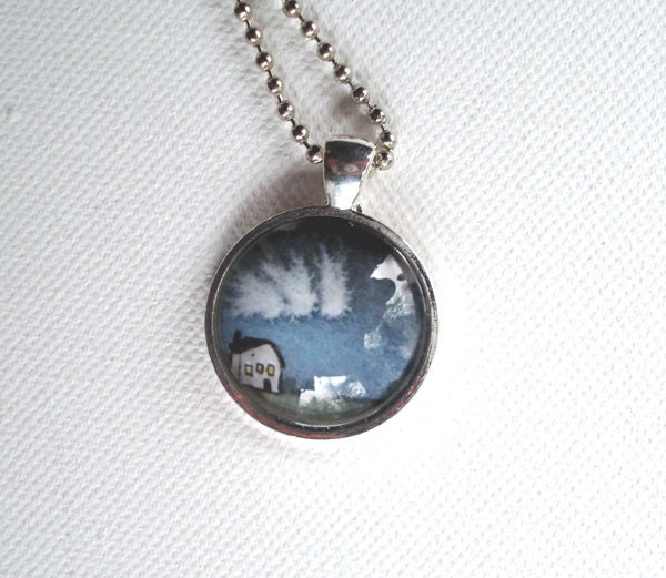 Tiny House Under Fluffy Clouds - Unique Round Art Pendant on a Chain