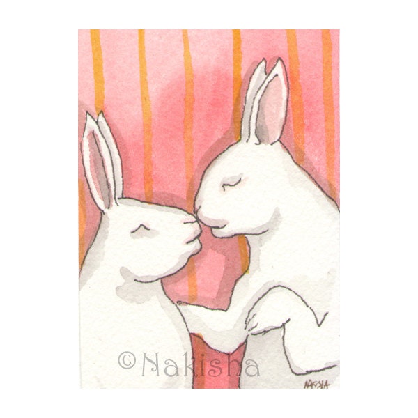 Original Watercolor Rabbit Painting - Smooches - ACEO