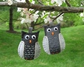 Hoot Owl embroidered felt Christmas tree ornaments in gray (set of 2 birds)