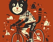 Cat Bicycle Rider Art Print Screenprint - Bike Ride Cute Kitty Mouse Milk Hand Printed Silkscreen Poster - Little Friends of Printmaking