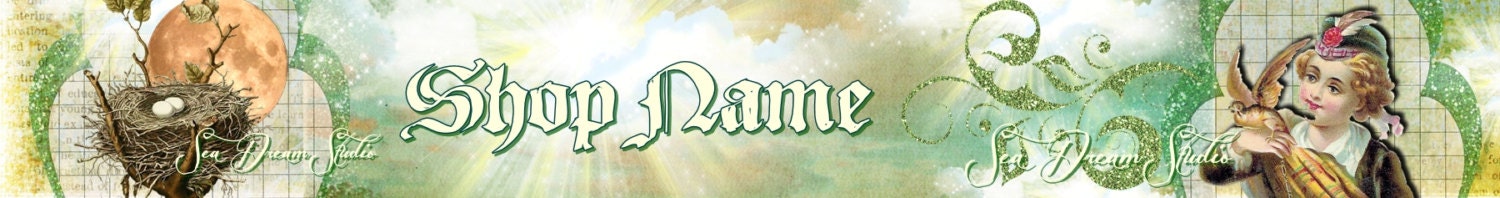Beautiful Vintage Girl with Bird and moon Etsy shop banner and avatar OOAK by Sea Dream Studio