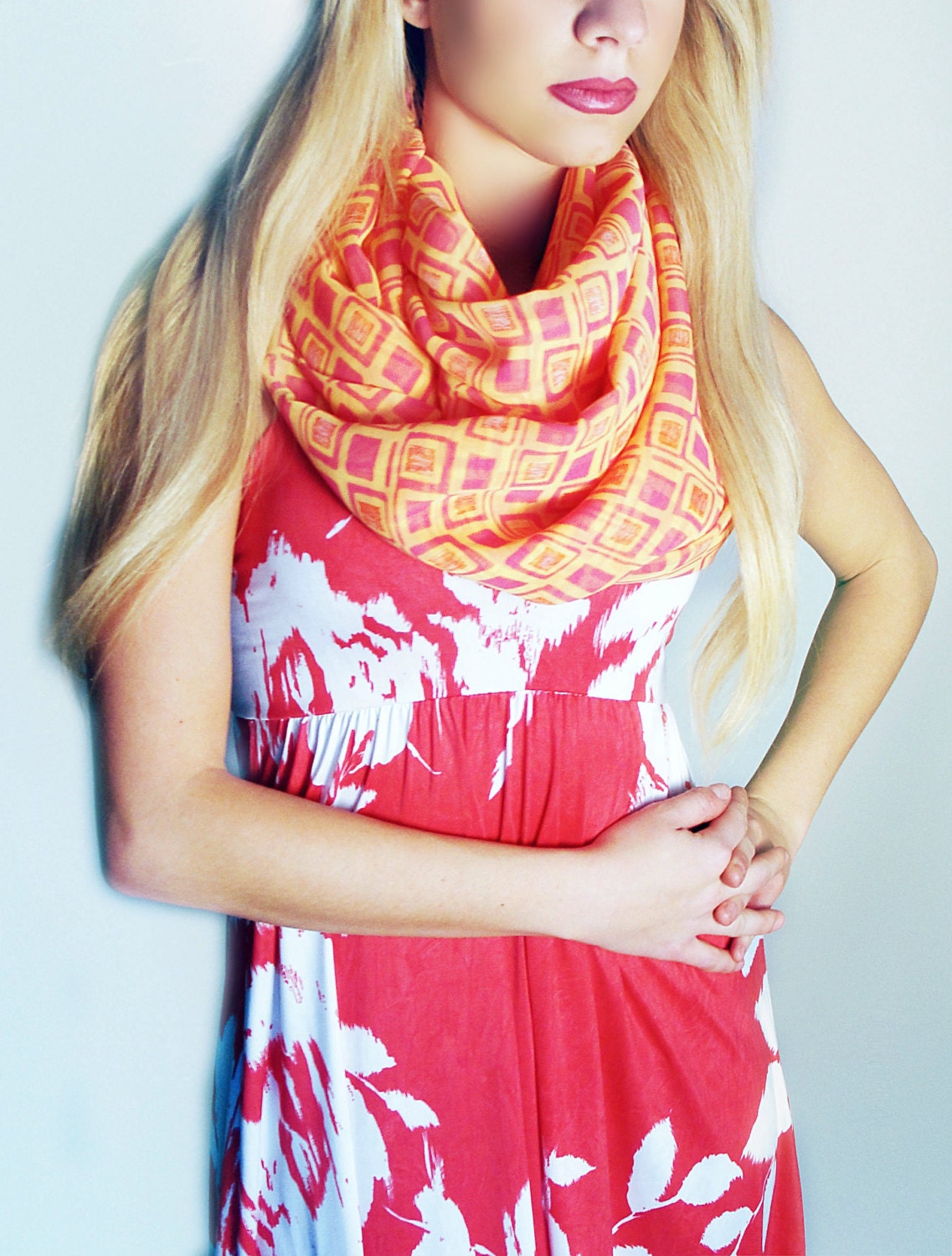 Venni Caprice Extra Large new Looper Scarf - Melon Squares
