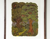 Forest Woodblock / Woodcut Print, Relief Print (Archivally Framed in Natural Walnut)