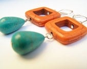 Orange Square Dangle Earrings with Turquoise Blue Drops, Retro Modern Style Jewelry, Orange Stone Dangles - Squares