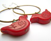 Red Bird Earrings, Red & Turquoise Earrings, Stone Beads on Antiqued Brass Hoops, Bird Hoop Dangles - Duckie