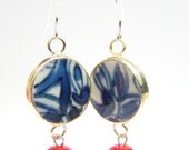 Red, White & Blue Earrings, Ming Pottery Shard Earrings, Ming Dynasty Style Shards and Red Beads on Sterling Silver Fishhooks - Ying