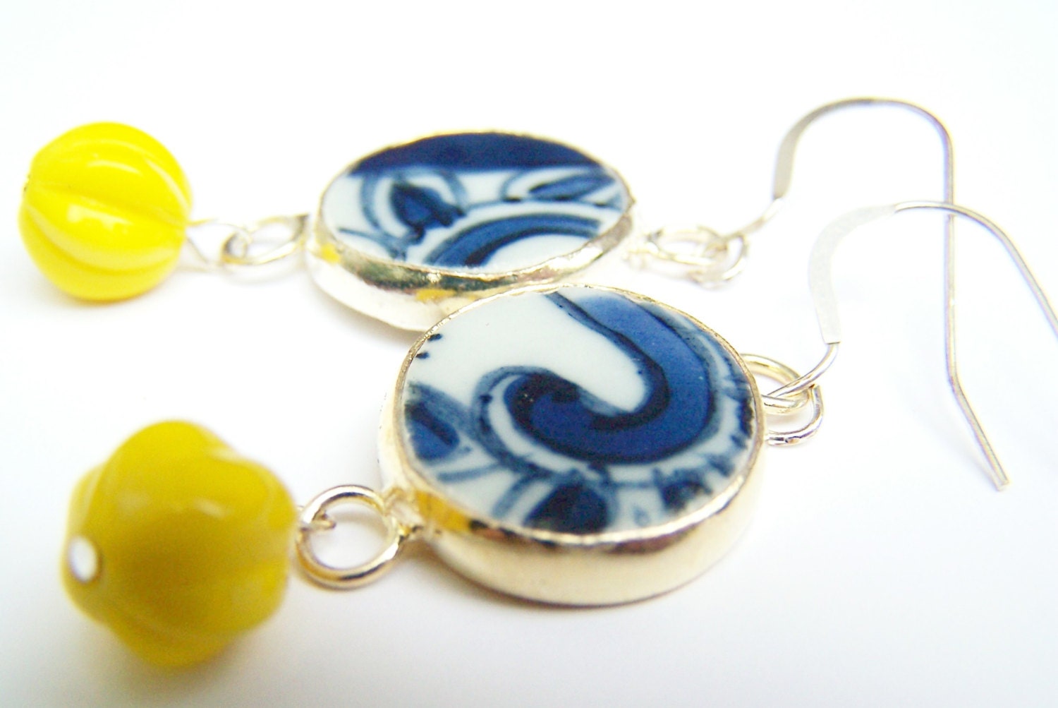 Blue & Yellow Earrings, Ming Pottery Shard Earrings, Dynasty Shards and Yellow Glass Beads on Sterling Silver Hooks - Sunnie