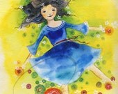 Sun Child - art print cute little girls nursery room gift ideas field cloud sky summer spring flowers watercolor painting Oladesign 8x10