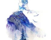 Jazz - Art Print baby blue watercolor painting royal lady winter sky woman Whistler mountain snow girls room bedroom decor Oladesign 11x14