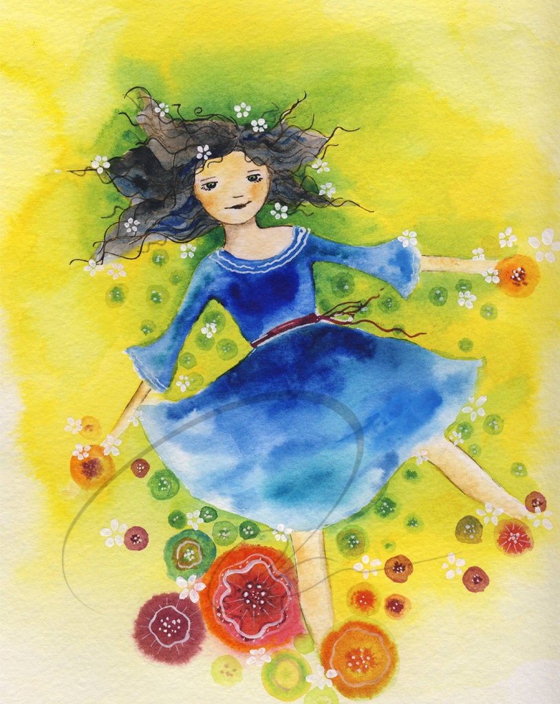 Sun Child - art print cute little girls nursery room gift ideas field cloud sky summer spring flowers watercolor painting Oladesign 8x10