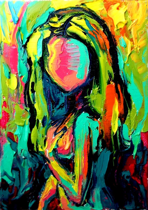 Nude oil painting abstract figure impasto art by Aja 5x7 Femme 300