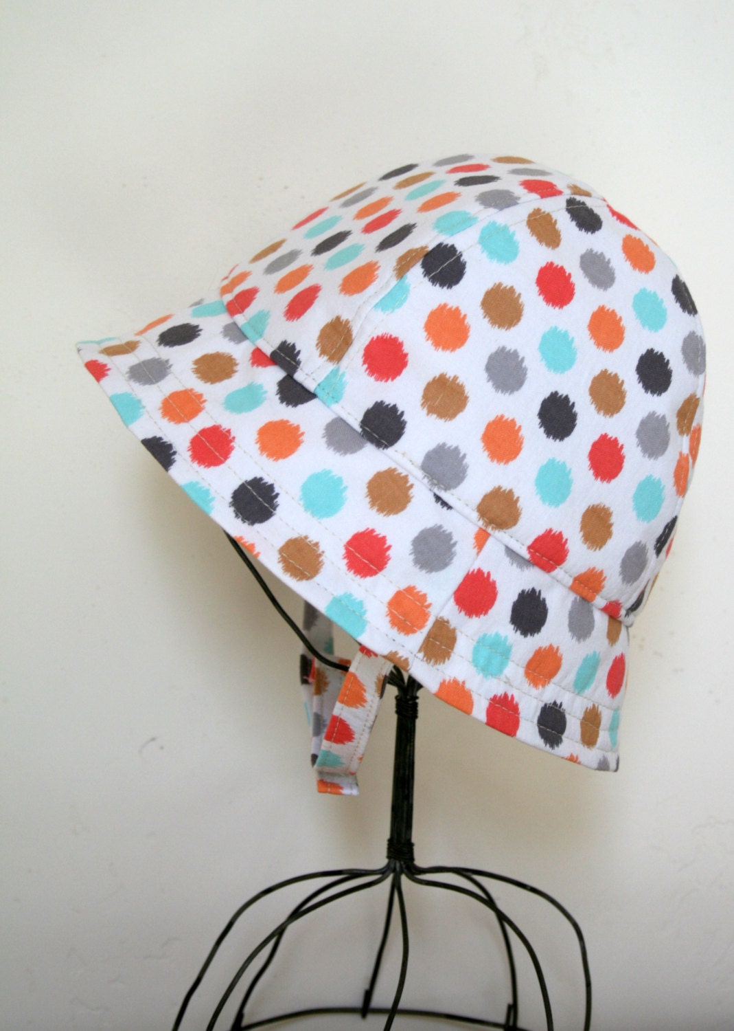 Baby or Toddler Girl Sunhat, White with Coral and Aqua Polka Dots
