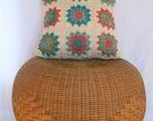 Granny Square Decorative Pillow in Aqua, Coral, Tan and Cream