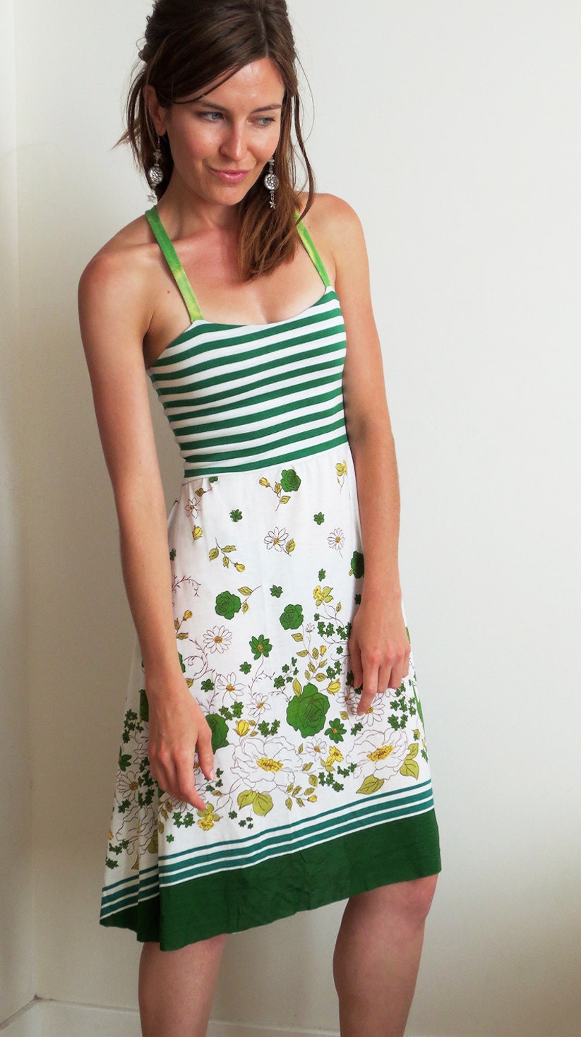 SALE Geena Sun Dress stretch Spicy Toast striped floral circle skirt small sweetheart bust green