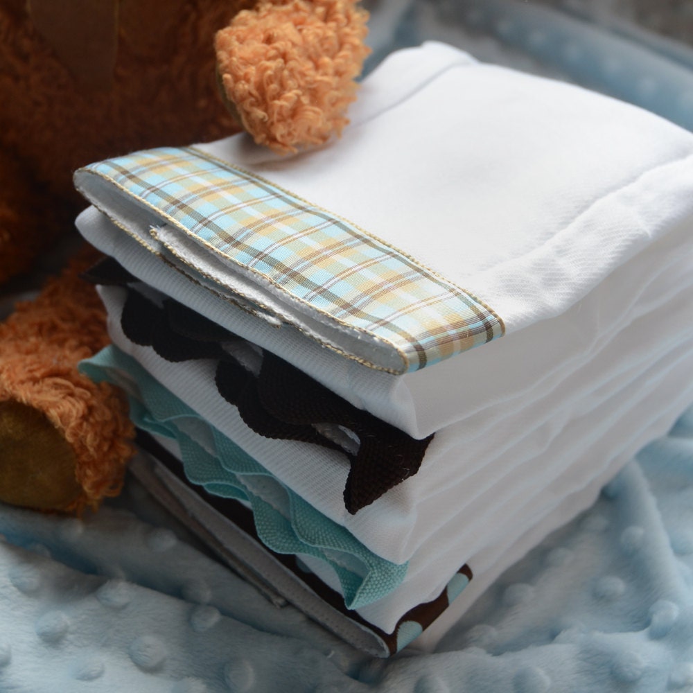 BLUEBERRY TART, Burp Cloth Bundle newborn baby boy gift set of 4 coordinating cloths in chocolate brown and baby blue