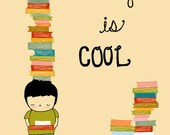 Reading Digital Print Art , Reading is Cool, Books Poster, Nursery Illustration, Childrens Art, Library Print, Digital Art, Boys Room